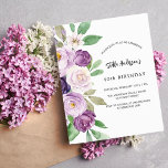 Lila violetta blommigtar - födelsedagsinbjudan<br><div class="desc">En violett,  vattenfärgad lavender-bakgrund och en båge ram. Dekorerad med violett och lila vattenfärgade blommor och grönsak. Anpassa och lägg till ditt namn och information om party. 1 lakan = 1 inbjudan tryckt kant till kant.</div>