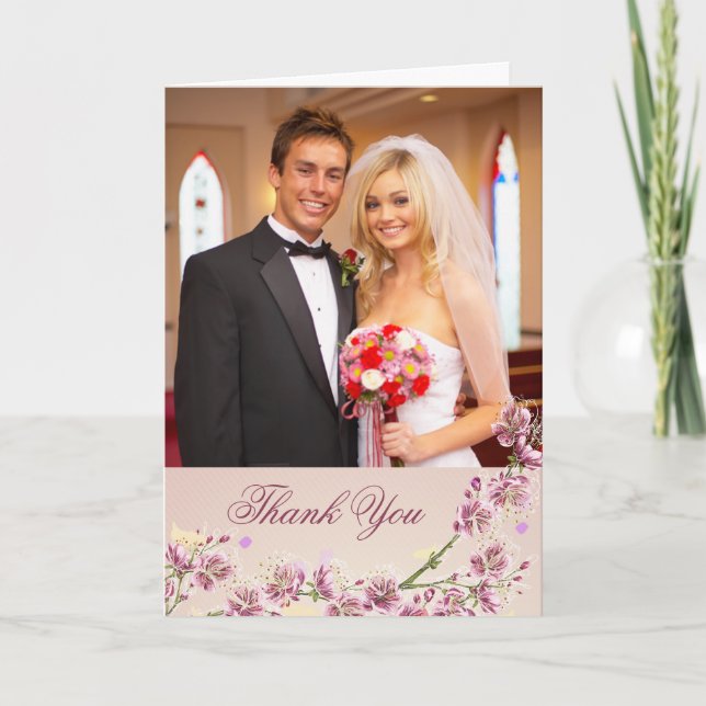 Lila violetta blommor bröllopsfoto tackkort (Framsida)