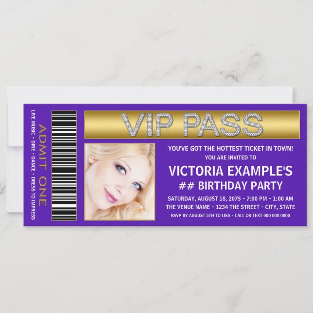 Lila VIP-biljett Födelsedagsfest Inbjudningar (Framsida)