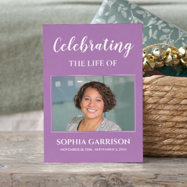 Lila vit begravningsbönkort med foto tilläggskort (Skapare uppladdad)