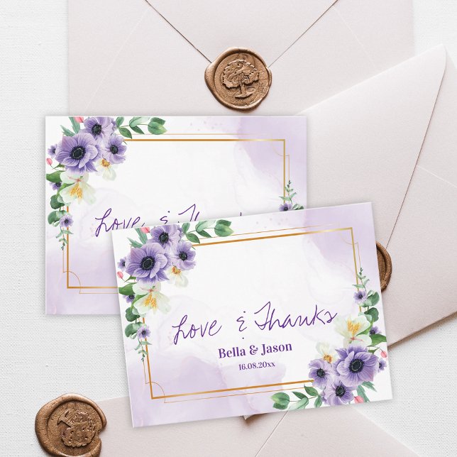 Lila Vit Blommig Guld Ram Bröllop Tack Vykort (Purple White Floral Gold Frame Wedding Thank You Postcard)