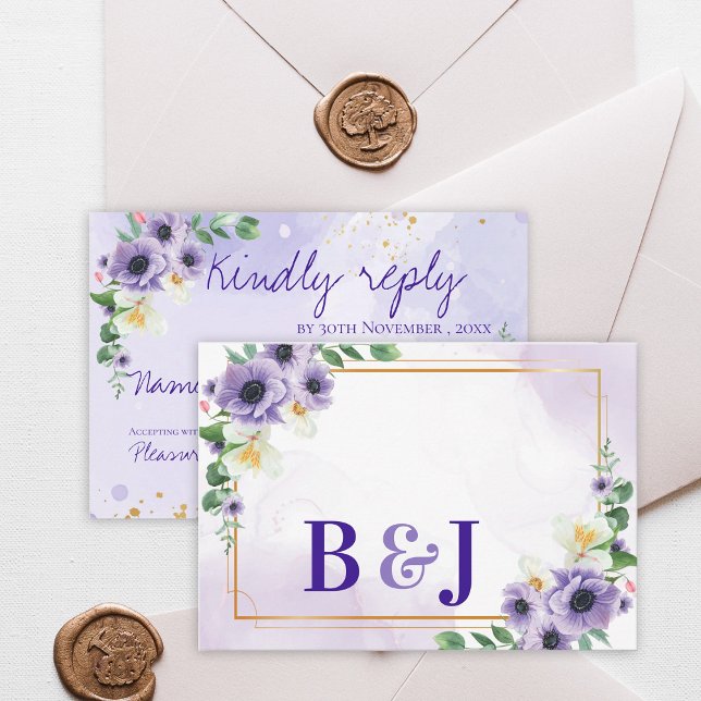 Lila Vit Blommig Guld Ram Bröllopsvar Av OSA Kort (Purple White Floral Gold Frame Wedding Reply By RSVP Card)