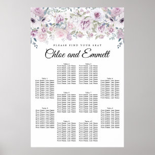 Lila Vit Blommigt 10-Bord Bröllop-sätesdiagram Poster