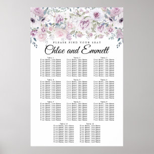Lila Vit Blommigt 11-Bord Bröllop-sätesdiagram Poster