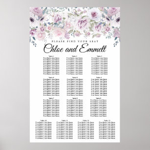 Lila Vit Blommigt 13-Bord Bröllop-sätesdiagram Poster