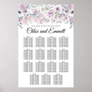 Lila Vit Blommigt 15-Bord Bröllop-sätesdiagram Poster