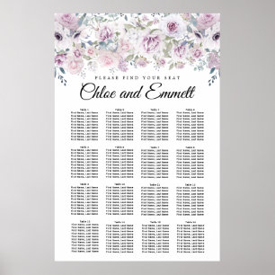 Lila Vit Blommigt 16-Bord Bröllop-sätesdiagram Poster