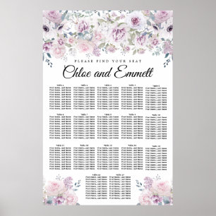 Lila Vit Blommigt 17-Bord Bröllop, sittdiagram Poster