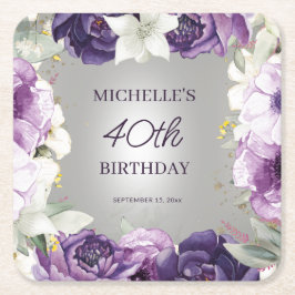 Lila Vit Blommigt 40 födelsedagar Underlägg Papper Kvadrat