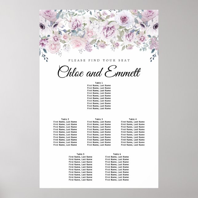 Lila Vit Blommigt 6-Bord sätesdiagram Poster (Framsidan)