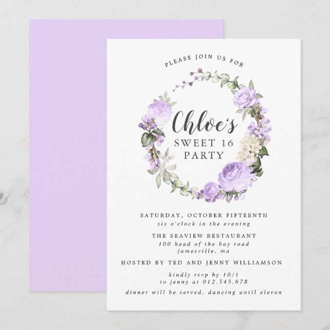 Lila Vit Blommigt Utandning Sweet sixteen Party Inbjudningar (Fram/baksida)