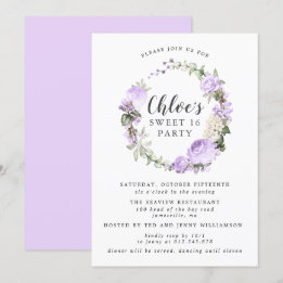 Lila Vit Blommigt Utandning Sweet sixteen Party Inbjudningar