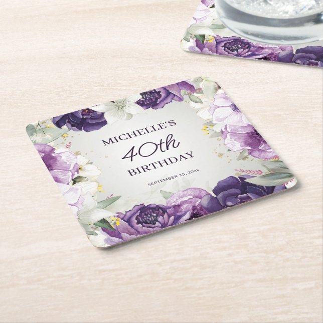 Lila vit blomstergivare 40-årspresent  underlägg papper kvadrat (Vinklad)