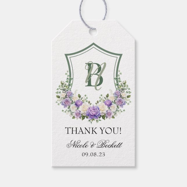Lila vit blomsterkröningsbröllop tack presentetikett (Framsidan)