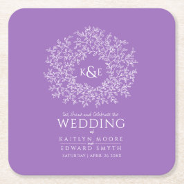 Lila, vit cirkel löv teckning monogram bröllop underlägg papper kvadrat