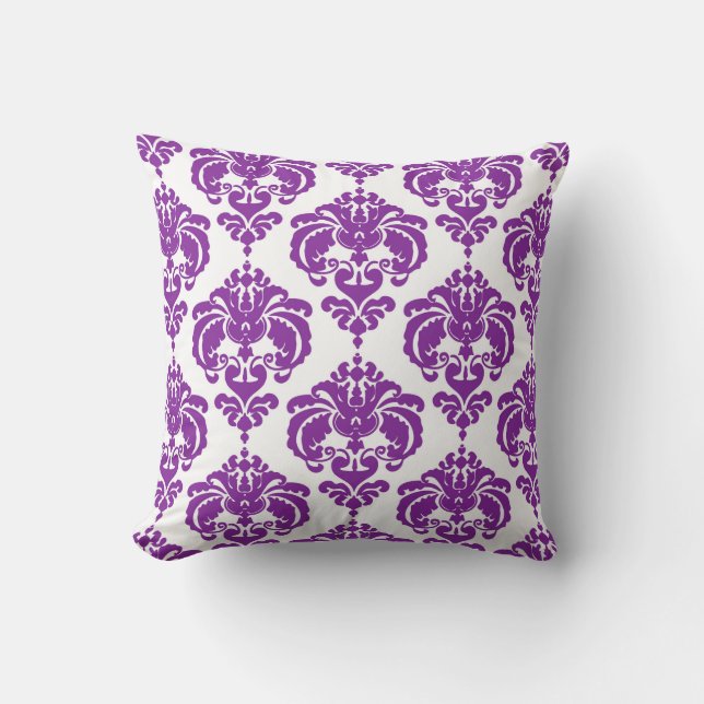 Lila & Vit Damask Modern Elegant Mönster Kudde (Framsida)