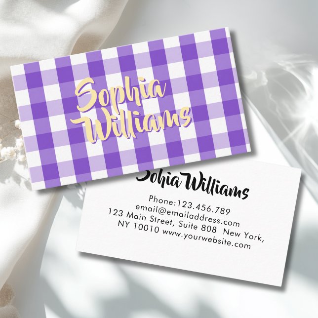 Lila Vit Gingham Rutig Visitkort (Purple White Gingham Checkered Business Card)