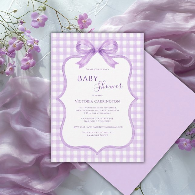 Lila Vit Gingham Whimsisk Bebis Shower Inbjudningar (Skapare uppladdad)