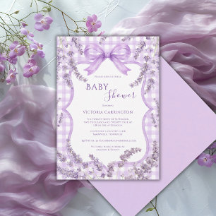 Lila Vit Gingham Whimsisk Blommig Bebis Shower Inbjudningar