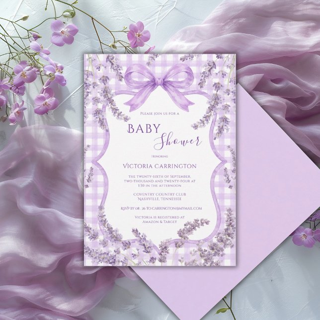 Lila Vit Gingham Whimsisk Blommig Bebis Shower Inbjudningar (Skapare uppladdad)