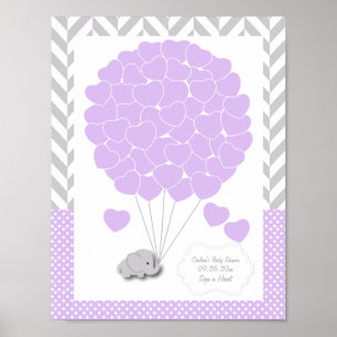 Lila, vit Grått Elephant Baby Shower 2 - Gäst Poster