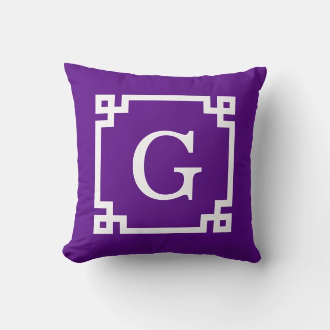 Lila Vit Grekisk Nyckel Ram #2 Initialer Monogram Kudde (Framsida)