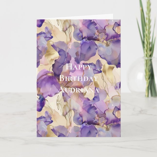 Lila Vit Guld Abstrakt Iris Blommor Födelsedag Kort (Framsida)
