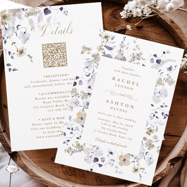Lila Vit Guld Blommig Allt-i-ett Bröllop  Inbjudningar (Front & Back)