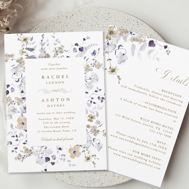 Lila Vit Guld Blommig Allt-i-ett Bröllop  Inbjudningar (Front & Back)