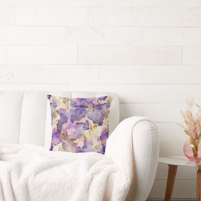 Lila Vit Guld Iris Blommig Abstrakt Kudde (Soffa)