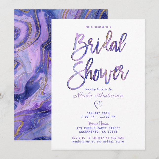 Lila Vit Guld Marmor Chic Glam Bröllopsfest Inbjudningar (Fram/baksida)