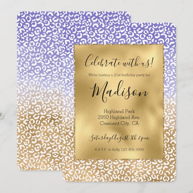 Lila Vit Guld Ombre Leopardtryck Inbjudningar (Fram/baksida)