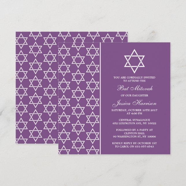 Lila & vit judisk stjärna av David Bat mitzvah Inbjudningar (Fram/baksida)