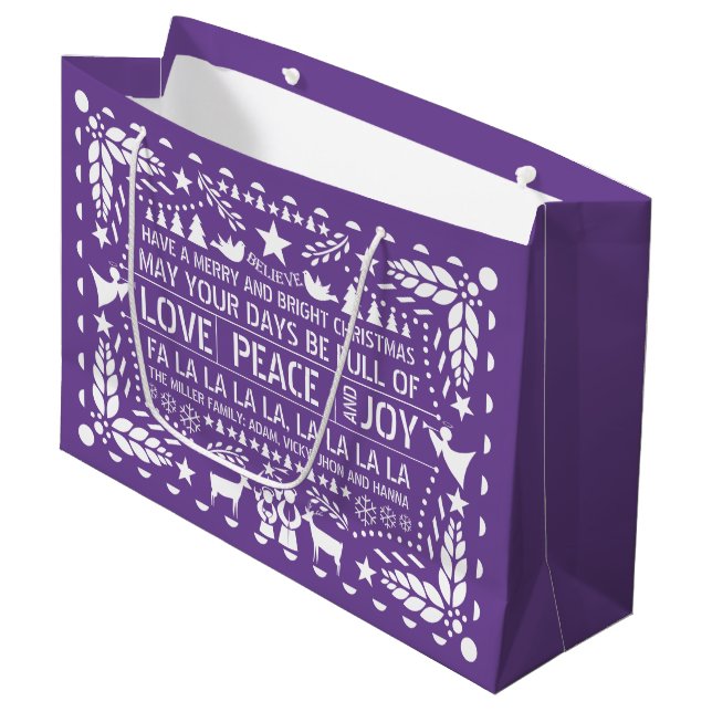 Lila, vit Kärlek Peace Joy papel picado jul jul (Framsidan Vinklad)