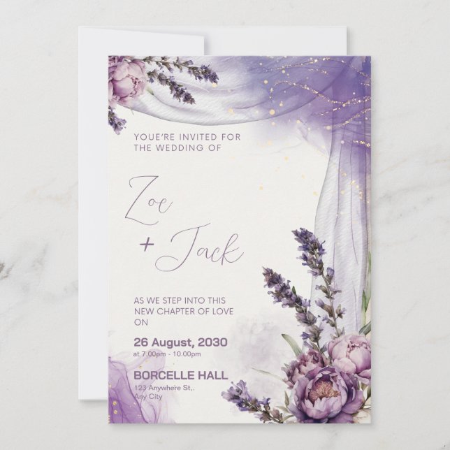 Lila Vit Lavendel Blomma Elegant Design Inbjudningar (Framsida)