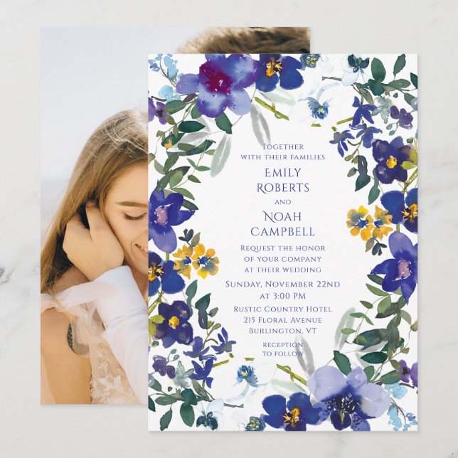 Lila & vit orchid Watercolor Blommigt Bröllop Inbjudningar (Fram/baksida)