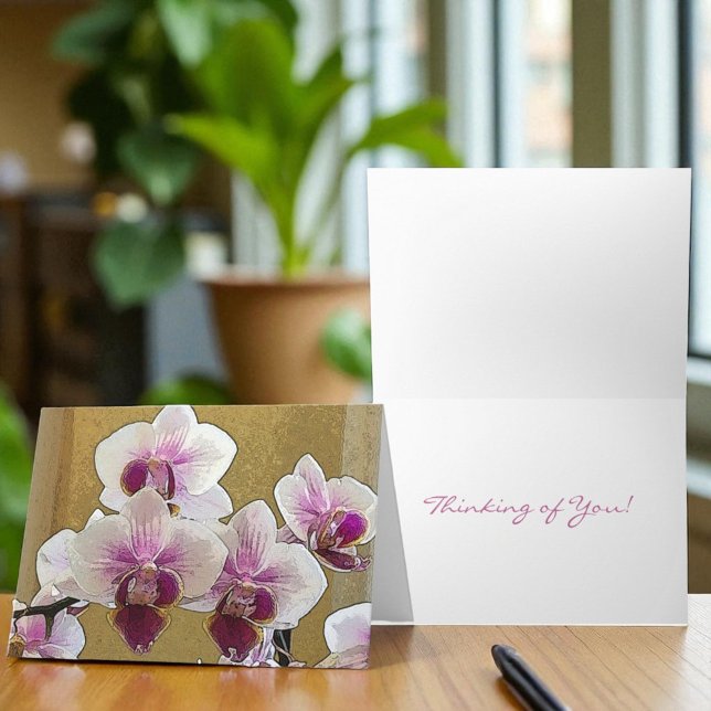 Lila vit orkidé mall vikbar gratulationskort (Orchid cover and inside template text.)