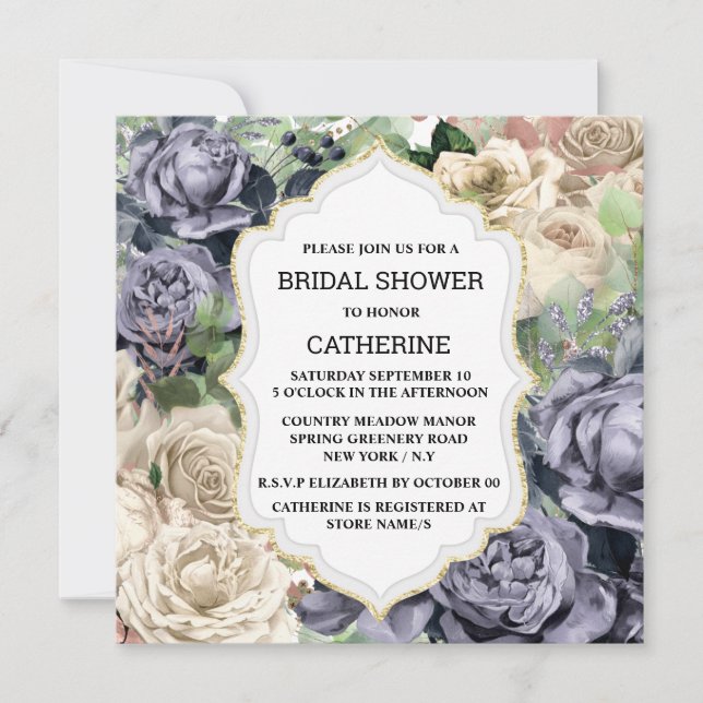 Lila vit ros elegant vintage ram inbjudningar (Framsida)