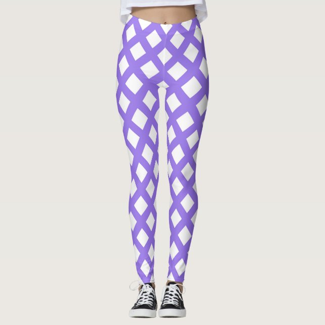 Lila Vit Rutig Diamantmönster Leggings (Framsida)