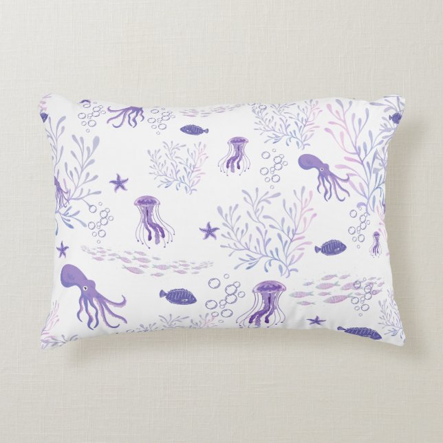 Lila Vit Sjöliv Fiskeljofisk Octopus Prydnadskudde (Framsidan)
