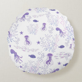 Lila Vit Sjöliv Fiskeljofisk Octopus Rund Kudde