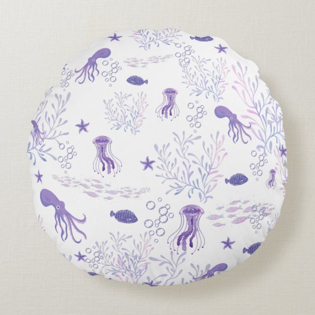 Lila Vit Sjöliv Fiskeljofisk Octopus Rund Kudde (Framsidan)