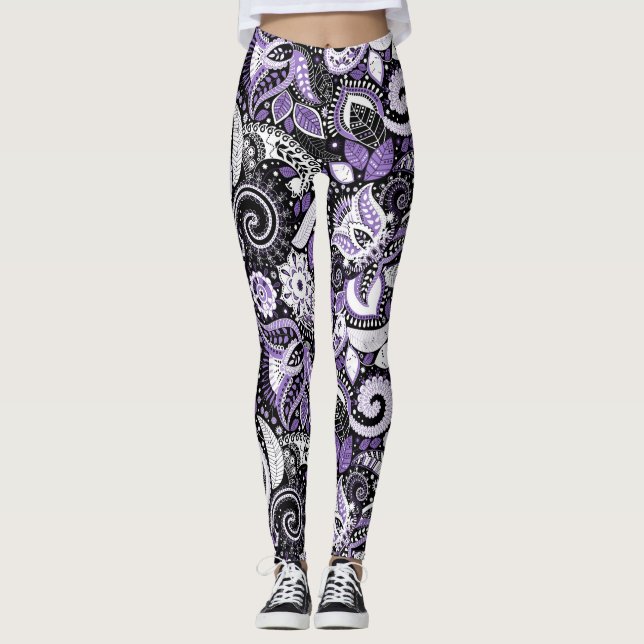 Lila Vit Svart Paisleytryck Mönster Leggings (Framsida)