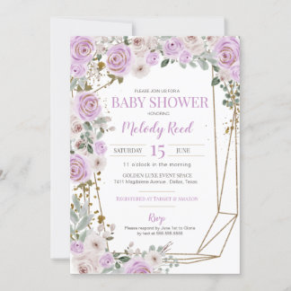 Lila & vit vattenfärg Blommor Flickbabyskor Inbjudningar