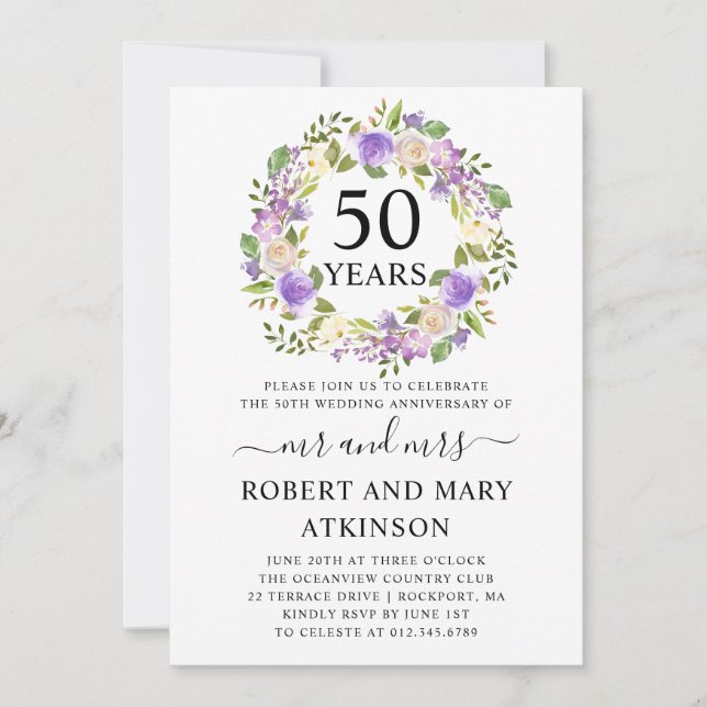 Lila Vita Blommig 50-års Bröllopsdag Inbjudningar (Framsida)