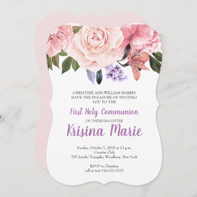 Lila, , Vita Blommigten Kommunision för första Hel Inbjudningar (Fram/baksida)