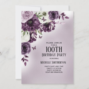 Lila Vita Blommor Fjärilar 100-årsdag Inbjudningar