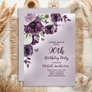 Lila Vita Blommor Fjärilar 90-årsdag Inbjudningar