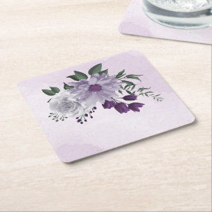 lila, vita blommor, gröna underlägg papper kvadrat