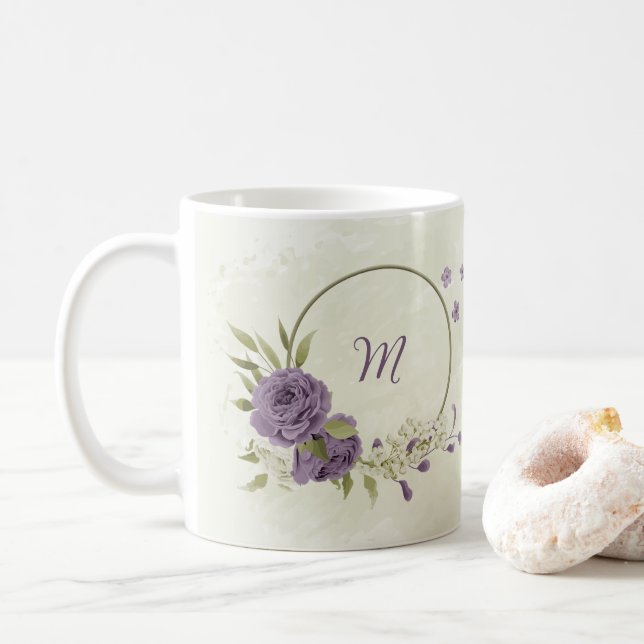 lila vita blommor grönska kaffemugg (Med munk)